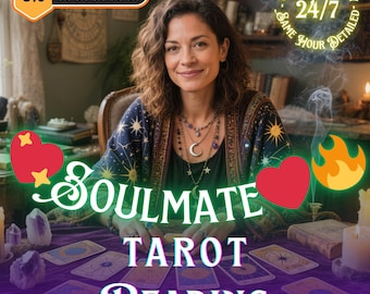 May include: An image promoting a soulmate tarot reading. The image features a woman smiling, surrounded by tarot cards, crystals, and candles. Text includes "Soulmate Tarot Reading", "Care and Sincerity", and a 5-star rating.