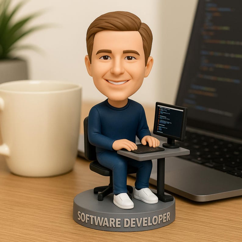 May include: A bobblehead figurine of a smiling person in a blue outfit, seated at a small desk with a computer. The base of the figurine reads "SOFTWARE DEVELOPER". The computer screen displays code. The figurine is on a wooden surface.