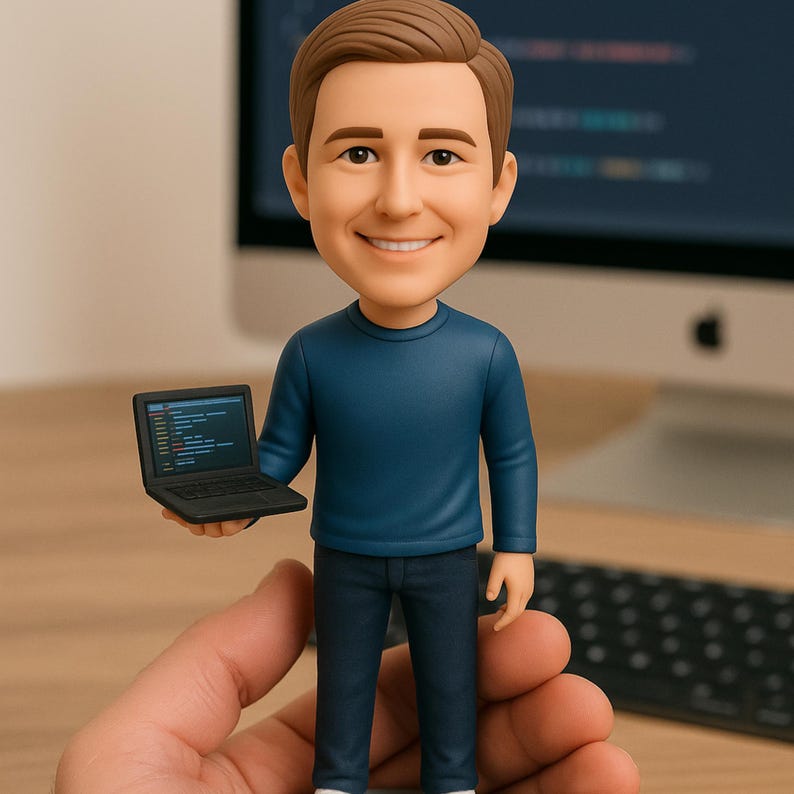 May include: A figurine of a smiling person wearing a blue long-sleeve shirt and dark blue jeans, holding a small black laptop. The laptop screen displays lines of code. The figurine has brown hair and is standing in front of a computer.
