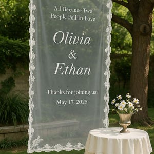 May include: A sheer white wedding banner with delicate lace trim, displaying the names "Olivia & Ethan" and the date "May 17, 2025." A small table with a tiered white tablecloth and a vase of flowers is in the foreground.