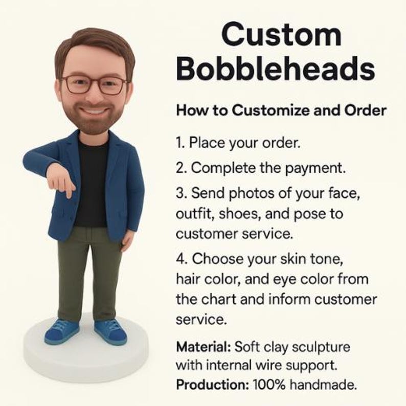 May include: A custom bobblehead figurine of a man wearing glasses, a blue blazer, black shirt, and green pants. The figurine is on a white base. Text on the right reads "Custom Bobbleheads" and instructions on how to order.