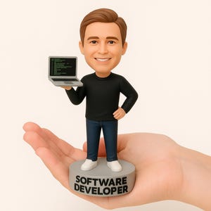 May include: A bobblehead figurine of a smiling person holding a laptop displaying code. The figure is dressed in a black shirt, blue jeans, and white shoes, standing on a base that reads "SOFTWARE DEVELOPER".