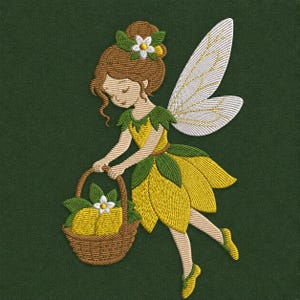 Lemon Fairy Embroidery Design Woodland Pixie Floral Basket PES DST