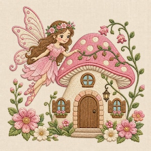 May include: An embroidery design featuring a fairy with brown hair and a pink dress hovering beside a mushroom house. The house has a pink spotted roof, a brown door, and windows. The scene is surrounded by pink and white flowers and green vines.
