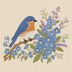 File di disegno digitale per ricamo di un uccellino selvatico e un fiore azzurro