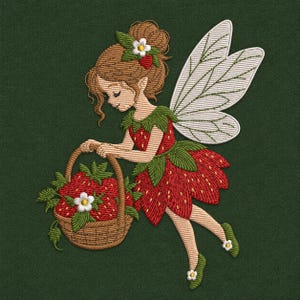 May include: An embroidery design of a fairy with brown hair in a bun, wearing a red strawberry-patterned dress with green leaves. The fairy has white wings and carries a brown woven basket filled with red strawberries and small white flowers.