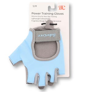 May include: Light blue and grey fingerless power training gloves. The gloves have a silicone grip for non-slip training and are lightweight and breathable. The brand name "BabeCore" is printed on the wrist strap. The gloves are size S/M.