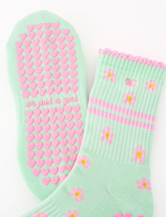 I’m Just a Girl Pilates Grip Socks | Mint Green Non Slip Barre Socks | Pink Flower Grip Reformer Socks | Cute Yoga Studio Socks