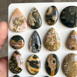 May include: A collection of polished, multi-colored ocean jasper cabochons arranged on a white display board. The stones feature various shapes, including teardrops, ovals, and circles, displaying intricate patterns of green, brown, pink, and cream.