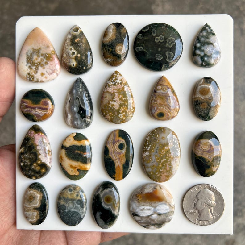 May include: A collection of nineteen polished ocean jasper cabochons in various shapes, including teardrops and ovals, displayed on a white square board next to a United States quarter coin for scale. The stones feature diverse patterns and colors.