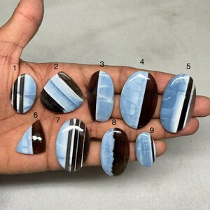May include: A collection of nine polished opal gemstones in various shapes. The opals feature a mix of colors, including light blue, brown, black, and white. Each stone has a unique pattern, with some displaying stripes and others a split color design. The opals are held in a hand.