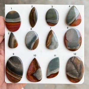 May include: Twelve polished, smooth, multicoloured cabochon gemstones arranged on a white display board. Each stone features unique banded patterns in shades of grey, brown, red, and cream, numbered one through twelve for identification purposes.
