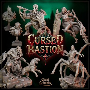 Könnte beinhalten: Eine Sammlung detaillierter, grauer Fantasy-Figuren, darunter Büsten, Krieger und ein spinnenartiges Wesen. Das zentrale Bild zeigt den Text "Cursed Bastion" in einer stilisierten Schrift mit Bluteffekt und "Great Grimoire" darunter.