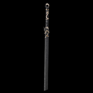 May include: A black sword with intricate gold and silver detailing. The handle features a dragon design, and the blade has a textured appearance. The sword is displayed against a black background.