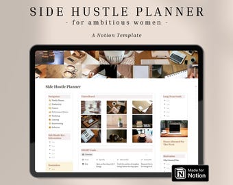 Puede incluir: Una tableta digital muestra una plantilla de Notion "Side Hustle Planner". La pantalla presenta secciones para navegación, tablero de visión y objetivos a largo plazo. El banner superior dice "SIDE HUSTLE PLANNER - for ambitious women - A Notion Template."