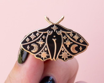 Celestial Moth Girl Enamel Pin- Witchy Feminist Art for Cosmic, Occult, Astrology Lovers- Black & Gold Star, Moon, Celestial Elements