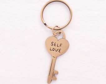 Self Love Key Keychain - Gold Enamel Bag Charm, Motivational Empowering Feminist Accessory, Self Care Gift for Women