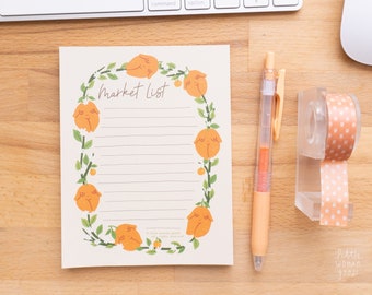 Feminist Market List Notepad- Cute Orange Stationery Planner Accessories Citrus Fruit Floral Notes To do Paper A6