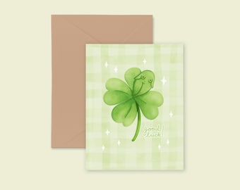 Good Luck Greeting Card- Cute Feminist Illustrated Art, Original Green Shamrock Artwork on A2 Card with Kraft Envelope, Gifts for Women