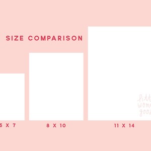 Puede incluir: Comparaci&oacute;n de tama&ntilde;os de tres impresiones rectangulares blancas. La impresi&oacute;n m&aacute;s peque&ntilde;a es de 5 pulgadas por 7 pulgadas. La impresi&oacute;n del medio es de 8 pulgadas por 10 pulgadas. La impresi&oacute;n m&aacute;s grande es de 11 pulgadas por 14 pulgadas. La impresi&oacute;n m&aacute;s grande tiene el texto "little woman goods" escrito en cursiva blanca.