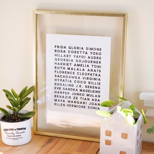 Puede incluir: Una impresi&oacute;n enmarcada en dorado con fondo blanco y texto negro que enumera una variedad de nombres femeninos. La impresi&oacute;n est&aacute; sobre una superficie de madera con dos plantas en maceta delante.