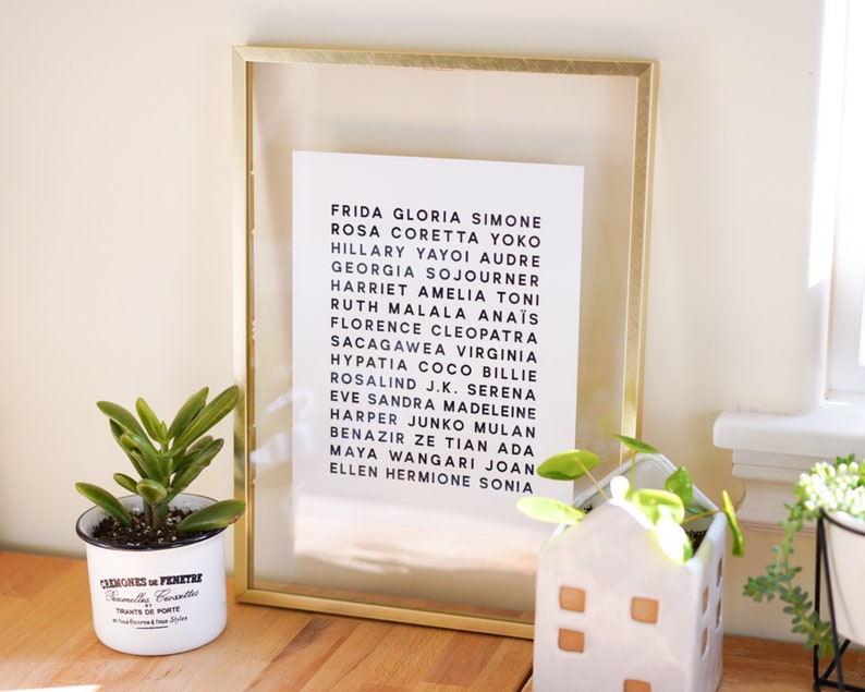 Puede incluir: Una impresi&oacute;n enmarcada en dorado con fondo blanco y texto negro que enumera una variedad de nombres femeninos. La impresi&oacute;n est&aacute; sobre una superficie de madera con dos plantas en maceta delante.