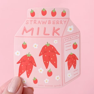 Feministische sticker vinyl-aardbeienmelk schattige roze bloemen illustratie waterdicht vaatwasmachinebestendig vinyl sticker bidon laptopplanner