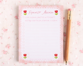 Feminist Agenda Notepad- Funny Sassy To Do List Pad Pink Floral Checklist Notepad