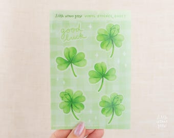 Good Luck Clover Sticker Sheet- Waterproof Glossy Vinyl Sticker Set, Original Feminist Artwork of Cute Green Four Leaf Clovers, Shamrocks