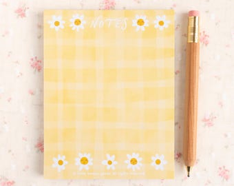 Yellow Daisy Notepad, Cute Feminist Stationery | Whimsical Gingham Paper Goods for Planner & Journaling