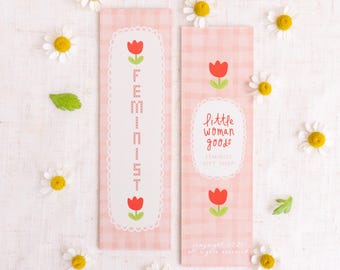 Feminist Tulip Bookmark- Pink Gingham Floral Stationery | Girl Power Gift for Book Lovers