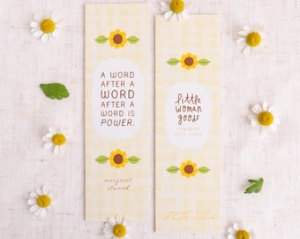 Feminist Literary Bookmark- Margaret Atwood Quote Cute Yellow Sunflower Gingham Stationery