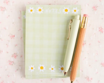 Green Daisy Notepad, Sage Gingham Floral Stationery | Cute Desk Pad for Planner & Journaling