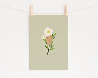 Feminist Art Print- Work In Progress- Original Illustrated Floral Artwork to Motivate, Empower, Inspire Women- Minimalist Green Design