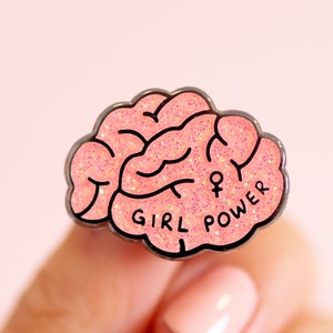 Girl Power Enamel Pin Feminist Lapel Pin Pink Glitter Brain Enamel Pin Glittery Pink Accessories Empowering Women image 1