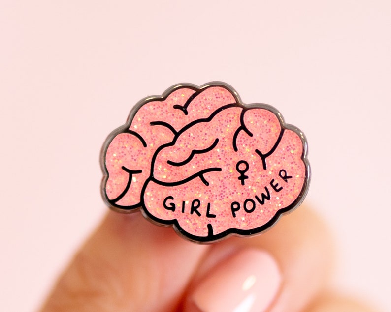 Girl Power Enamel Pin Feminist Lapel Pin Pink Glitter Brain Enamel Pin Glittery Pink Accessories Empowering Women image 1