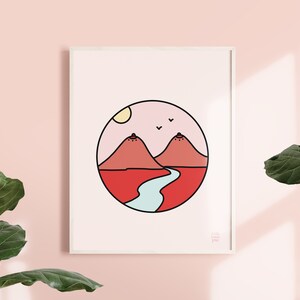 May include: A minimalist illustration of two red mountains with a blue river flowing between them, set against a pink sky with a yellow sun and three white birds. The illustration is framed in a white frame.