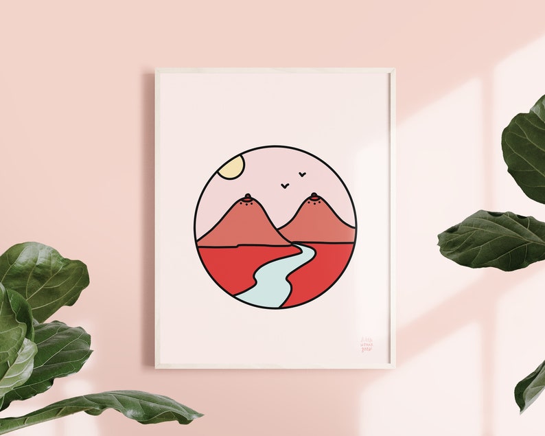 May include: A minimalist illustration of two red mountains with a blue river flowing between them, set against a pink sky with a yellow sun and three white birds. The illustration is framed in a white frame.