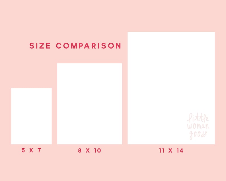 May include: Size comparison of three white rectangular prints. The smallest print is 5 inches by 7 inches. The middle print is 8 inches by 10 inches. The largest print is 11 inches by 14 inches. The largest print has the text "little woman goods" written in white cursive.