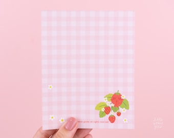 Strawberry Gingham Notepad- Cute Pink Feminist Cottagecore Stationery Planner Accessories Fruit Floral Notes To do Paper A6