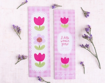 Magenta Floral Feminist Bookmark- Pink Gingham Daisy & Tulip Stationery