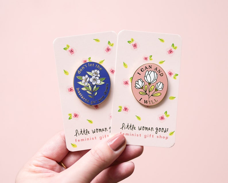 I Can and I Will Feminist Enamel Pin Motivational Inspirational Quote Lapel Pin Pink Floral Flowers Girl Power image 6