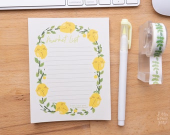 Feminist Market List Notepad- Lemon Cute Stationery Planner Shopping List Citrus Fruit Yellow Floral Notes To do Paper A6