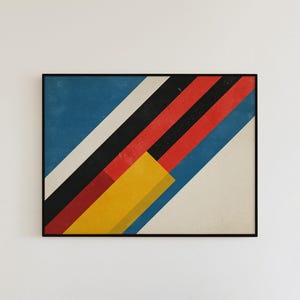 Arte su tela costruttivista, stampa geometrica dinamica orizzontale di grandi dimensioni, decorazione murale con colori primari Bauhaus, arte con design diagonale audace