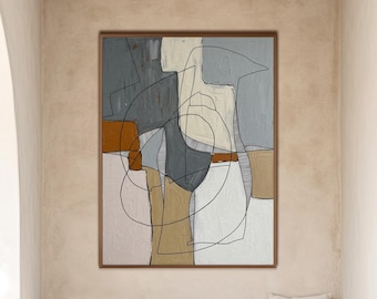 Abstracte lijnkunst gestructureerd canvas, modern minimalistisch schilderij in neutraal grijs en beige, hedendaagse muurkunst voor woonkamer