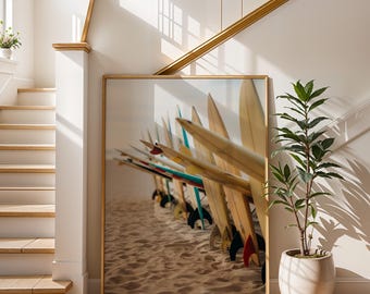 Surfboard Wall Art Print, Retro Beach Decor, Coastal Photography, Surfboards on Sand, Summer Ocean Poster, Gift for Surf Lovers
