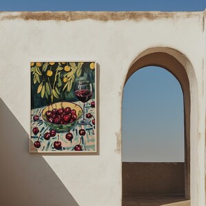 Cherries and Wine Poster, Fruit Art Print, Classic Kitchen Wall Decor, Bold Fruit Artwork, Colorful Wine Poster, Gift for Food Lovers