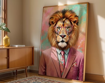May include: A framed artwork depicts a lion wearing a pink suit, glasses, and a floral tie. The lion's fur is a mix of brown and gold, set against a colorful abstract background. The artwork is leaning against a wall in a room with a wooden cabinet and a patterned rug.