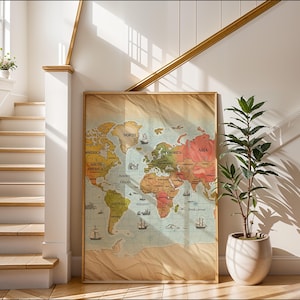 May include: A framed world map with a vintage aesthetic. The map features continents in shades of yellow, green, and red, with blue oceans and illustrations of sailing ships. The map is displayed in a light-colored wooden frame.