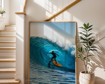 Plakat ścienny z surferem, plakat z falą oceaniczną, dekoracja fotograficzna z surfingiem, grafika ścienna z motywem sportów nadmorskich, prezent z motywem plażowym, grafika z niebieską falą